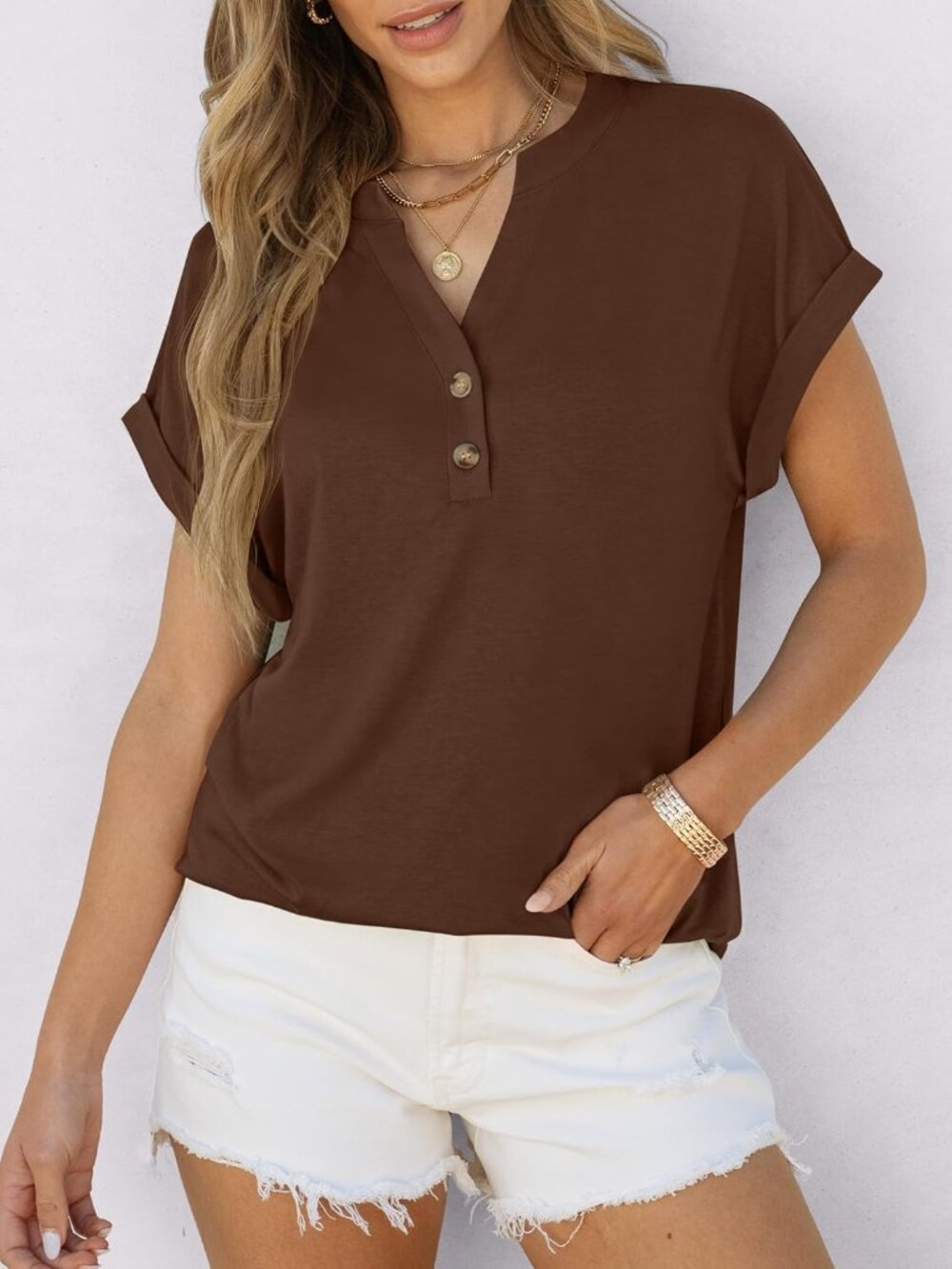 Women's Coffee Summer Short Sleeves Henley V Neck Comfortable Trendy Tee Shirts - Picture 4 of 6